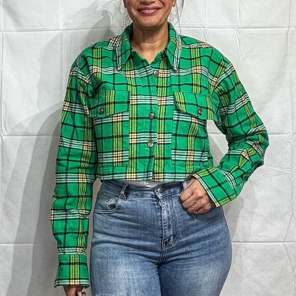 Good American Green Plaid Cropped Tartan Button Up Sz 0/XS - Picture 8 of 13